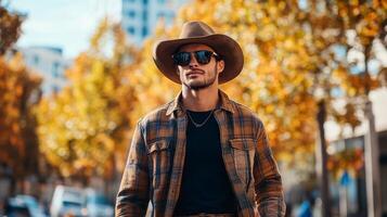 A confident man, showcasing his style in a trendy cowboy hat and sunglasses, strolls through an autumn urban landscape, embodying a unique western aesthetic that captures the seasons essence photo