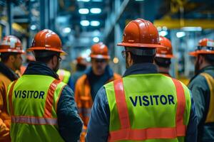 Visitors in safety gear observe factory operations, wearing hard hats and vests for protection during an industrial tour photo