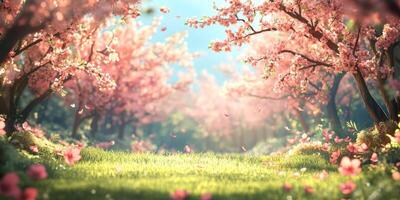 In a serene spring scene, a vibrant cherry blossom pathway flows gently through the landscape, inspiring feelings of calmness, beauty, and tranquility in the surrounding environment and nature photo
