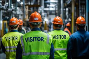 Visitors wearing safety gear like hard hats and colored vests are on a guided tour of an industrial facility, essential for ensuring workplace safety during the thorough inspection photo