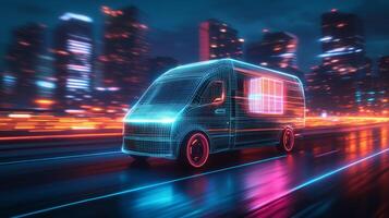 A selfdriving delivery van uses a smartphone app to track its GPS location in realtime, optimizing urban logistics and enhancing efficiency and convenience for all users involved photo