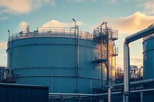 This view shows large industrial storage tanks and pipelines, indicative of oil and gas operations in power generation, highlighting their critical role in the energy sector for society photo