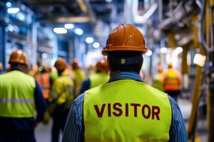 A diligent visitor, wearing safety gear like a hard hat and reflective vest, carefully observes workers performing various tasks at an industrial construction site during a guided tour photo