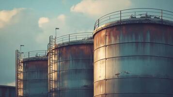 The image shows rusty industrial storage tanks near a power plant, illustrating the crucial link between energy production and urgent environmental issues that require proactive attention photo