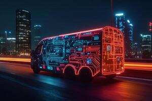 This selfdriving van is designed for efficient urban package delivery, featuring a smartphone app and precise GPS tracking for seamless logistics management and operational efficiency photo