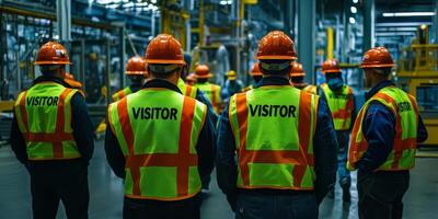 Visitors wearing appropriate safety gear such as hard hats and highvisibility vests at an industrial site are demonstrating the importance of workplace safety during guided factory tours for all photo
