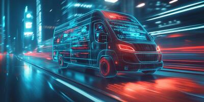 A selfdriving van, equipped with a smartphone application, operates efficiently to deliver packages. It utilizes GPS technology for precise realtime tracking within a bustling urban environment photo