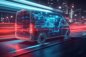 Discover the future of urban logistics with autonomous delivery vans using GPS technology and a smartphone app, providing efficient package delivery and convenience for all involved photo