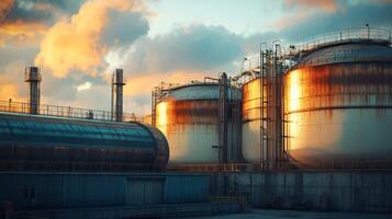 An expansive industrial complex showcasing several large storage tanks and towering cooling structures, effectively emphasizing the significant oil and gas industry during the tranquil hour of dusk photo