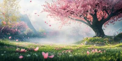 A serene spring landscape features a stunning cherry blossom tree amid soft mist and lush greenery, creating an inviting atmosphere of peace, renewal, and relaxation in natures embrace photo