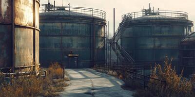 An abandoned industrial area with rusted oil tanks, overgrown vegetation, and a cracked path through a forgotten power facility, reflecting a bygone era of energy production and progress photo