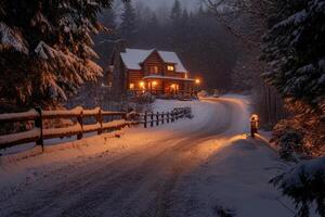 In a charming village, a cozy snowcovered cottage sits by twinkling street lamps, creating a serene winter atmosphere that enchants all who pass by, making for an idyllic festive scene photo