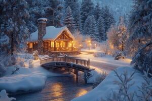Imagine a cozy winter village with a charming cottage blanketed in soft snow. Twinkling lamps emit a warm glow, enhancing the peaceful, idyllic atmosphere of this enchanting evening photo