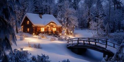 Imagine a winter village with a snowcovered cottage and twinkling street lamps, creating a serene atmosphere perfect for holiday inspiration and evoking warmth and joy during the chilly season photo