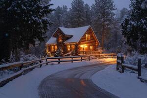 Imagine a snowy scene with a cozy cottage warmly lit and enchanting street lamps, creating a serene winter atmosphere filled with magic and tranquility, reflecting the essence of the season photo