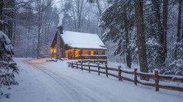 This picturesque snowy village features a cozy cottage among tall trees, with softly glowing street lamps that create a warm, inviting atmosphere for exploration on a serene winter evening photo