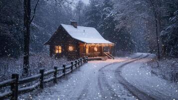 In a snowy village, a charming cottage adorned with twinkling lights stands among serene, snowcovered trees, creating a magical atmosphere that enchants every visitor with its warmth and beauty photo