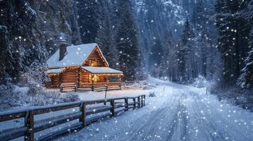 A picturesque and enchanting snowy village scene that features a charming and cozy cottage, twinkling street lamps, and softly falling snowflakes, creating a serene and delightful winter atmosphere photo