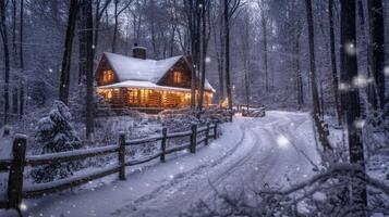 A quaint, cozy cottage set in a picturesque winter scene is enveloped by a soft blanket of pristine snow, beautifully illuminated by soft, warm lights, and nestled within a magical, enchanting forest photo