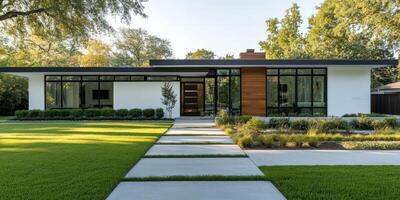 This stunning modern home features a striking white brick exterior with dark wood accents and a sleek gable roof, enhanced by beautiful landscaping in the exclusive Beverly Hills area photo