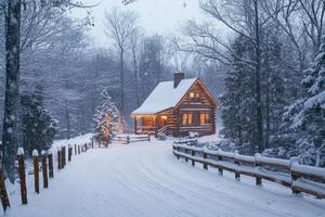 A picturesque winter scene features a cozy cottage among tall, snowcovered trees, adorned with twinkling lights that emit a warm glow, creating a magical, serene atmosphere for all photo