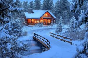 Imagine a cozy cottage in a tranquil winter scene, covered in soft snow, with glowing street lamps lining the path, creating an inviting atmosphere for relaxing evening strolls under the stars photo