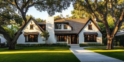 This elegant white brick home with dark wood accents and a gable roof boasts lush landscaping, enhancing its appeal in picturesque Beverly Hills, renowned for its charm and exquisite properties photo
