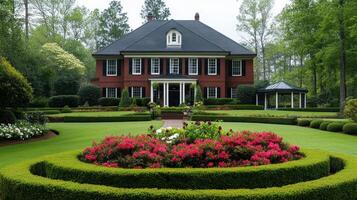 A stunning red brick house with elegant white accents and black shutters is nestled in a lush garden, showcasing the charm of peaceful suburban living in Georgia, making it a perfect retreat photo