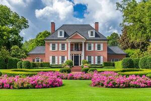Imagine a charming red brick home with white accents and striking black shutters, set in a vibrant suburban landscape brimming with colorful flowers and lush greenery that enhance its appeal photo