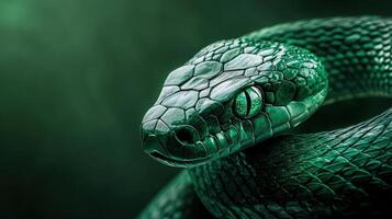 Intricately carved green snake with bright emerald eyes, symbolizing 2025. photo