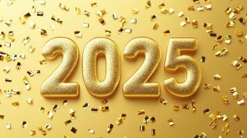 Festive golden 2025 numbers with confetti on a bright yellow background. photo