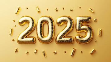 Festive golden 2025 numbers with confetti on a bright yellow background. photo