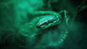 Green wooden snake with emerald eyes on a dark background. photo