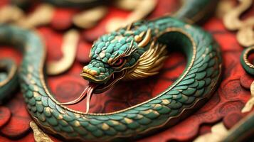 Beautifully crafted green snake with gold details and red tongue, marking the 2025 Chinese zodiac. photo