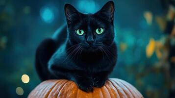 Halloween themed black cat with bright green eyes and moon. photo