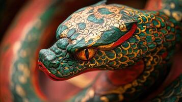 Decorative green wooden snake with detailed scales, marking the 2025 Chinese New Year. photo