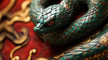Artistic green wooden snake with detailed scales, embodying the symbol of the 2025 Chinese zodiac. photo