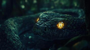 Mystical green wooden snake with glowing eyes, creating a sense of mystery. photo