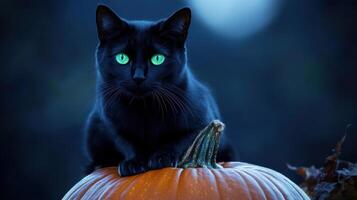 Halloween themed black cat with bright green eyes and moon. photo