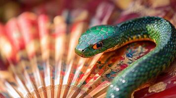 Intricately detailed green snake on an ornate fan, representing Chinese New Year 2025. photo