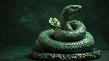Green wooden snake wrapped around jade, intricate carving design. photo