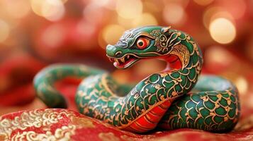 Green wooden snake with emerald eyes on a dark background. photo