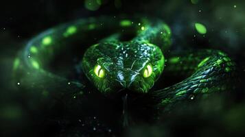Mystical green wooden snake with glowing eyes, creating a sense of mystery. photo