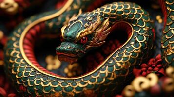 Beautifully crafted green snake with gold details and red tongue, marking the 2025 Chinese zodiac. photo