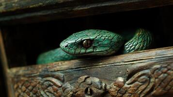 Green serpent emerging from a beautifully carved wooden box. photo