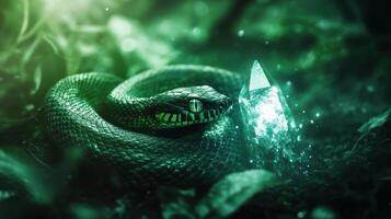 Green wooden snake with emerald eyes on a dark background. photo