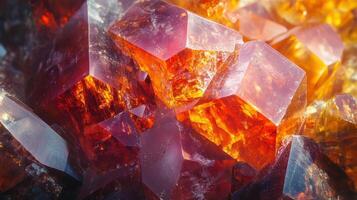 Zincite surface in extreme close-up, highlighting its vibrant color transitions from deep red to bright orange with intricate crystal formations. photo