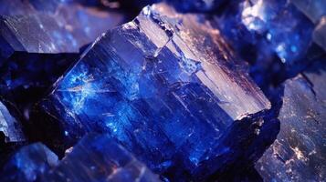 Polished tanzanite with a rich blue hue, displayed in a close-up shot that emphasizes its natural crystalline structure. photo