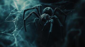 Mysterious spider weaving a web, creating a sinister scene photo