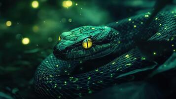 Mystical green wooden snake with glowing eyes, creating a sense of mystery. photo